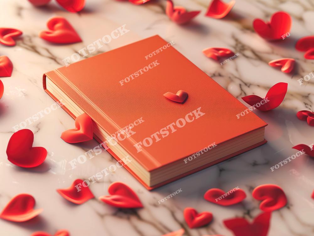 Изображение красной книги с сердечком на обложке, окруженной лепестками в виде сердец. Снимок создаёт атмосферу романтики и подходит для тематики любви и праздников, таких как День святого Валентина.